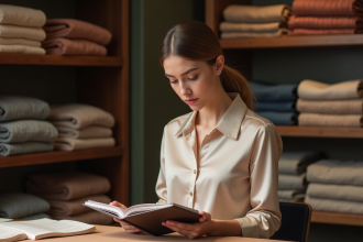 Jeune femme élégante compare des tissus de luxe dans une boutique