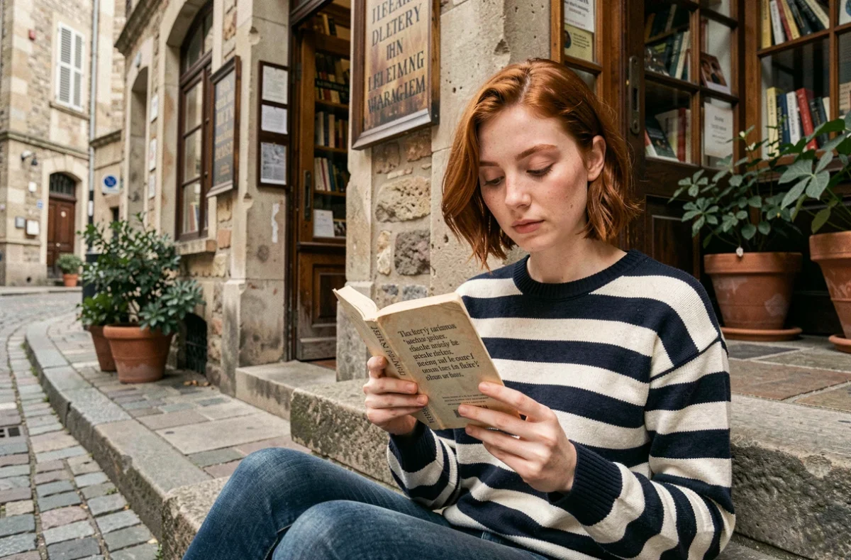 Jeune femme lisant un recueil de citations littéraires assise sur les marches d'une librairie ancienne en Europe