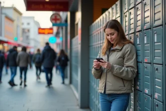 Jeune femme regardant son téléphone devant des casiers de livraison