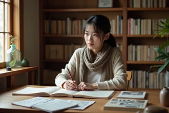 Jeune femme lisant manga dans un bureau cosy japonais