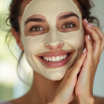 Jeune femme souriante appliquant un masque visage naturel à la levure de bière