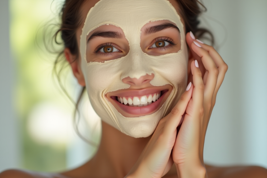 Jeune femme souriante appliquant un masque visage naturel à la levure de bière