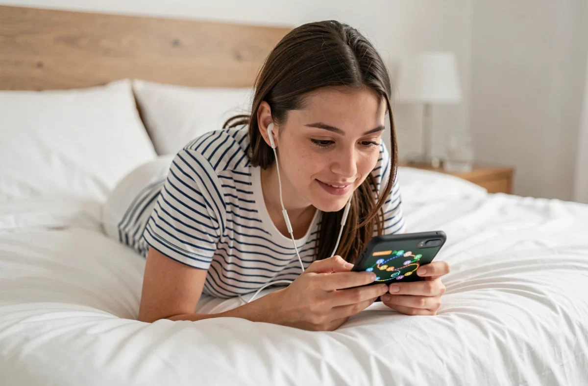 Jeune femme allongée sur son lit consultant la carte des niveaux de Candy Crush sur smartphone, montrant la progression du jeu