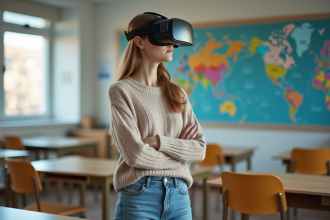 Jeune femme utilisant un casque de réalité virtuelle dans une salle moderne