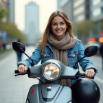 Jeune femme en denim et foulard sur scooter en ville