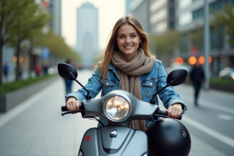 Jeune femme en denim et foulard sur scooter en ville