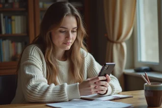Jeune femme studieuse avec smartphone dans un intérieur cosy
