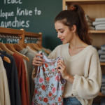 Jeune femme examine un vêtement vintage dans une friperie
