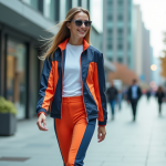 Jeune femme en ville portant une veste hightech colorée