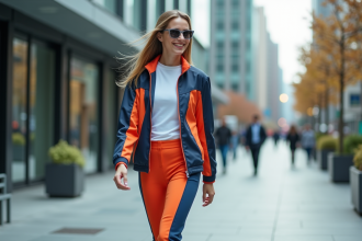 Jeune femme en ville portant une veste hightech colorée