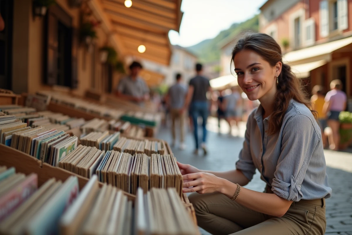 Jeune femme examinant des vinyles dans un marché en village