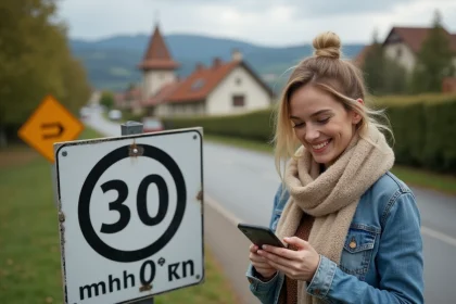 Jeune femme souriante avec smartphone près d'un panneau 30 mph