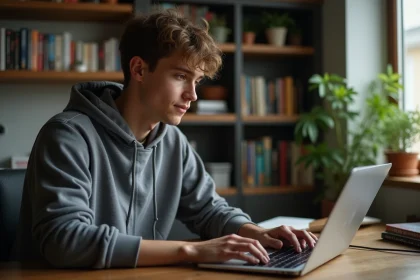 Jeune homme en hoodie cherchant des codes Pokémon sur son laptop