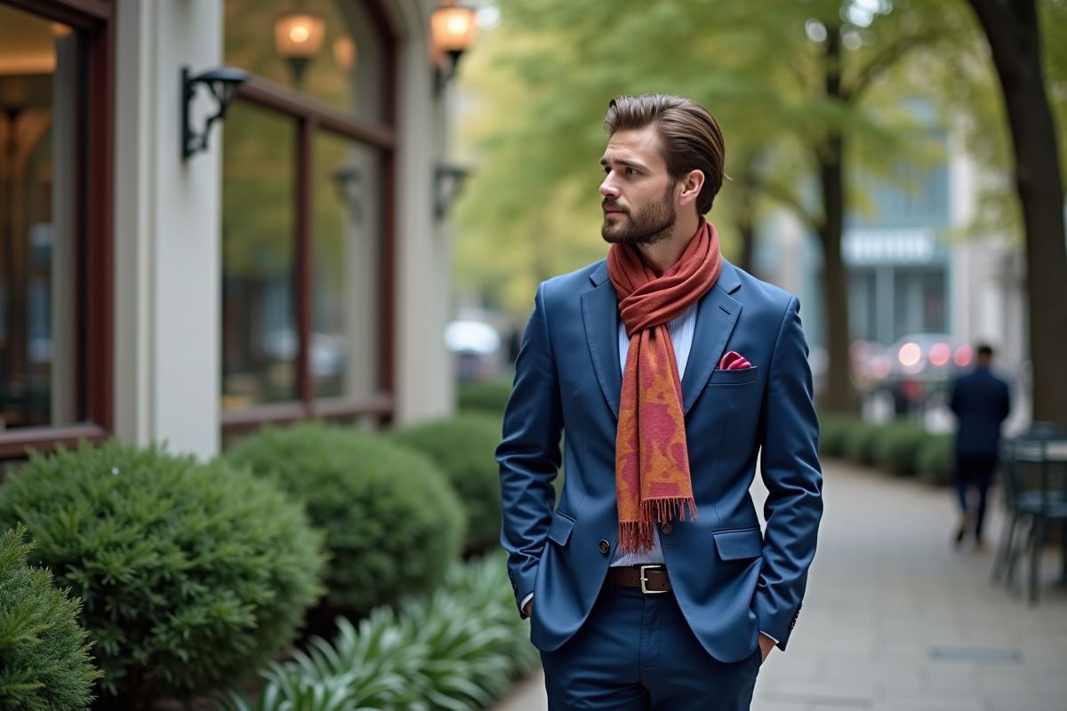 Jeune homme en blazer bleu dans un parc urbain