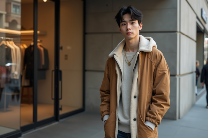 Jeune homme en streetwear tendance dans un quartier chic