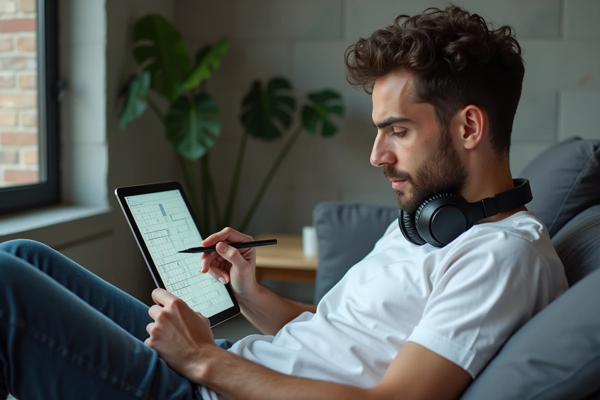 Jeune homme résolvant un sudoku sur tablette dans un salon moderne et minimaliste