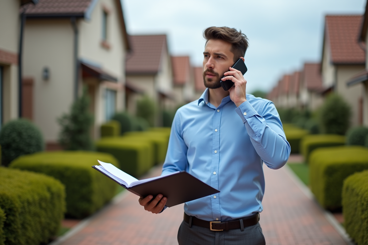 Jeune professionnel parlant au téléphone devant une maison