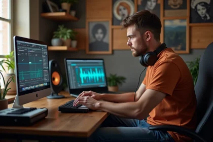 Jeune homme en studio créatif avec ordinateur et clavier MIDI