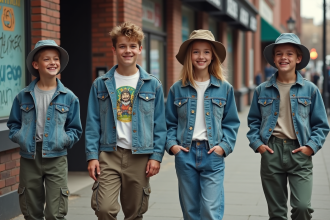 Groupe de jeunes dans la rue des années 90 avec style décontracté