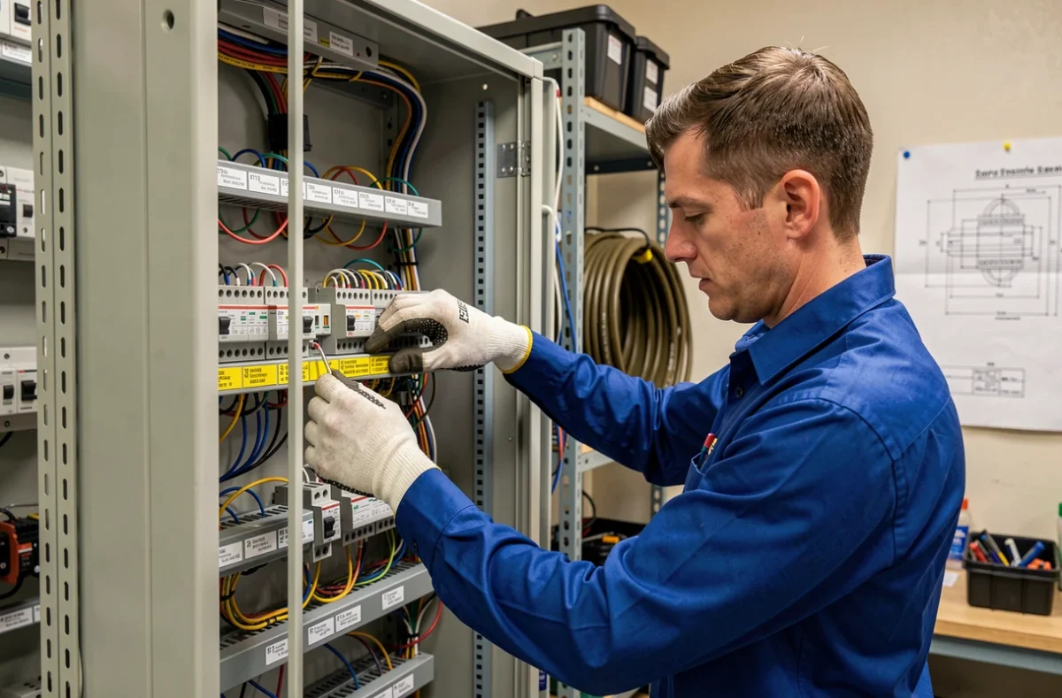 Technicien de JOUBERT EQUIPEMENT assemblant une armoire électrique de distribution dans un atelier spécialisé