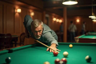 Joueur de billard concentré visant une bille sur un tapis vert dans une salle de billard traditionnelle