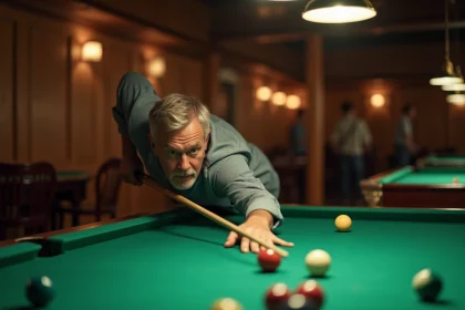 Joueur de billard concentré visant une bille sur un tapis vert dans une salle de billard traditionnelle
