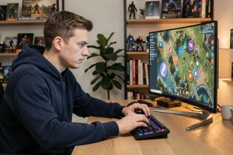 Joueur de Dofus recherchant une position de portail sur une carte de jeu fantastique devant son ordinateur de bureau