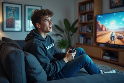 Jeune homme gamer concentré dans son salon gaming