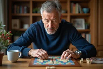 Joueur de Scrabble adulte posant des tuiles sur un plateau pour former le mot ACE lors d'une partie à domicile