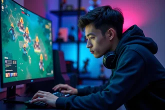 Joueur de TFT concentré devant son écran affichant une composition stratégique avec transition de niveau 6 à niveau 8