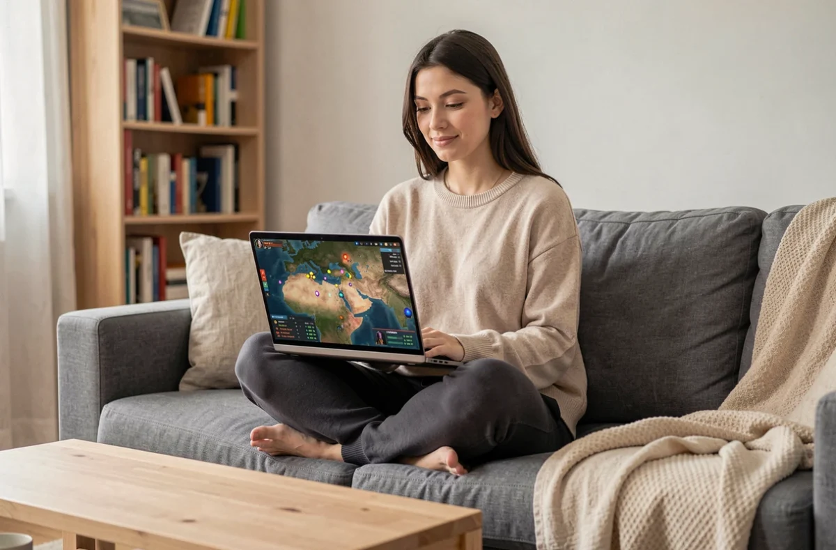 Joueuse consultant une carte de positions de portails Dofus sur son ordinateur portable depuis son salon