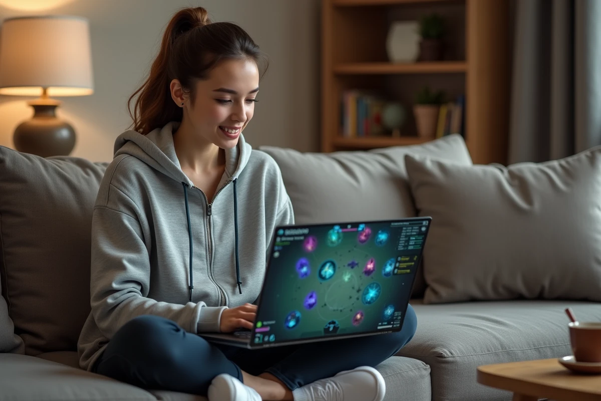 Joueuse de TFT en train de planifier sa composition d'équipe sur un ordinateur portable dans un salon cosy
