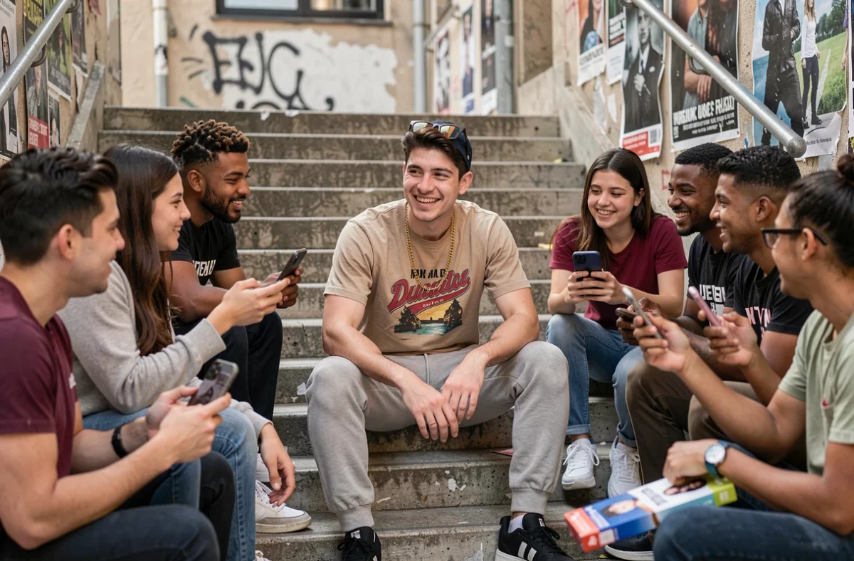 Jules rappeur assis avec sa communauté de fans après un concert, ambiance détendue et authentique