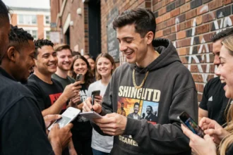 Jules rappeur signant des autographes pour ses fans devant une salle de concert