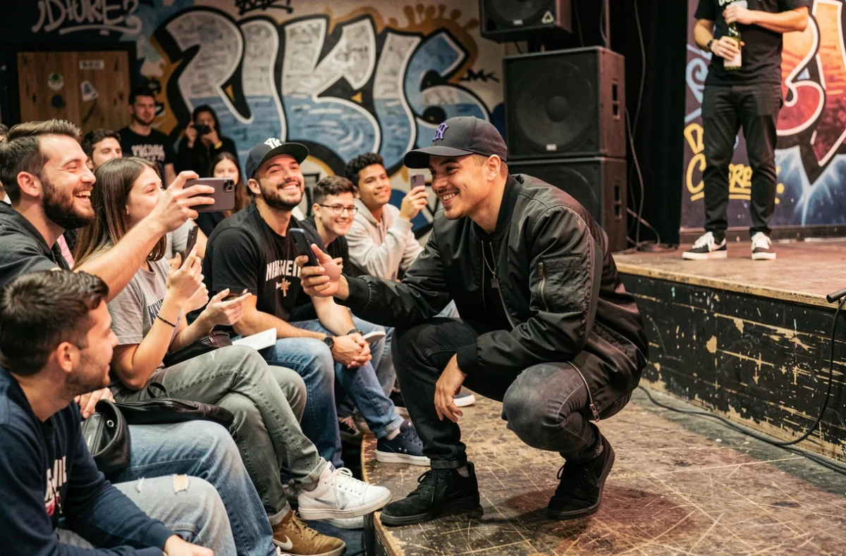 Jules rappeur en interaction avec ses fans au premier rang d'une salle de concert intimiste