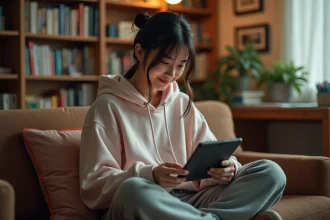 Jeune femme lisant des mangas et webtoons sur une tablette dans un appartement cosy entouré de volumes de manga