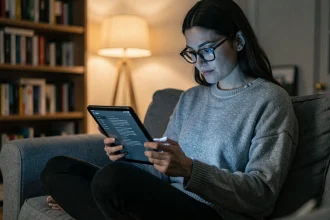 Femme lisant sur tablette en mode sombre la nuit pour optimiser le confort visuel lors d'une lecture nocturne