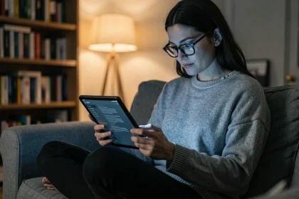 Femme lisant sur tablette en mode sombre la nuit pour optimiser le confort visuel lors d'une lecture nocturne