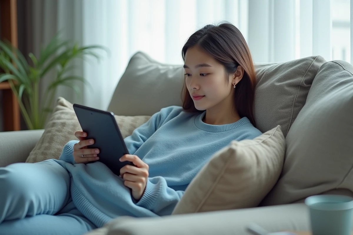 Jeune femme lisant des scans manga en français sur une tablette allongée sur un canapé moderne