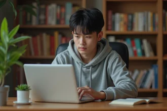 Jeune homme lisant des scans manga en VF sur un ordinateur portable dans un bureau cosy entouré de mangas
