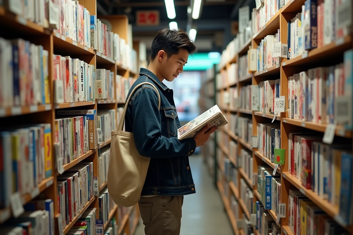 Homme parcourant des mangas dans une librairie spécialisée aux rayonnages remplis de volumes colorés