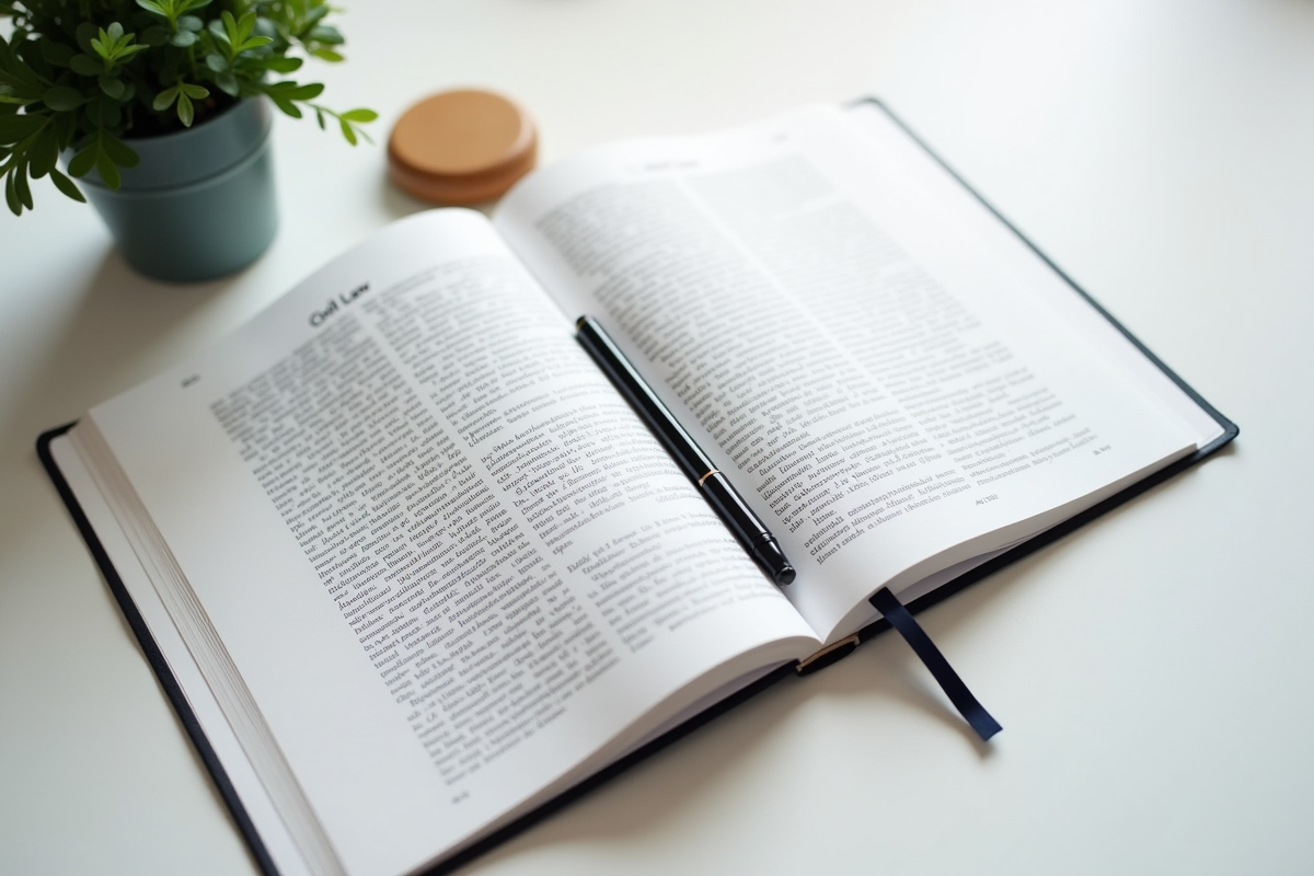 Livre de droit civil ouvert sur un bureau blanc avec stylo