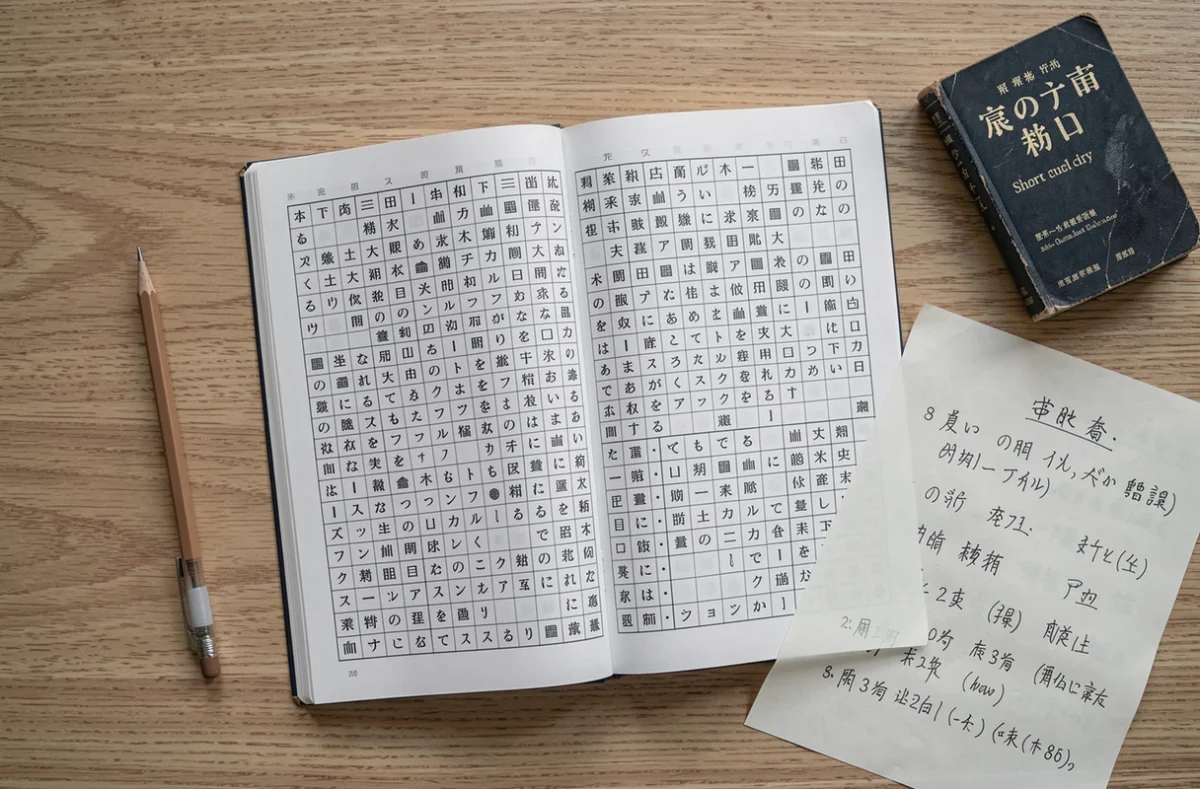 Livre de mots croisés japonais ouvert sur une page de villes en 3 lettres avec dictionnaire et crayon