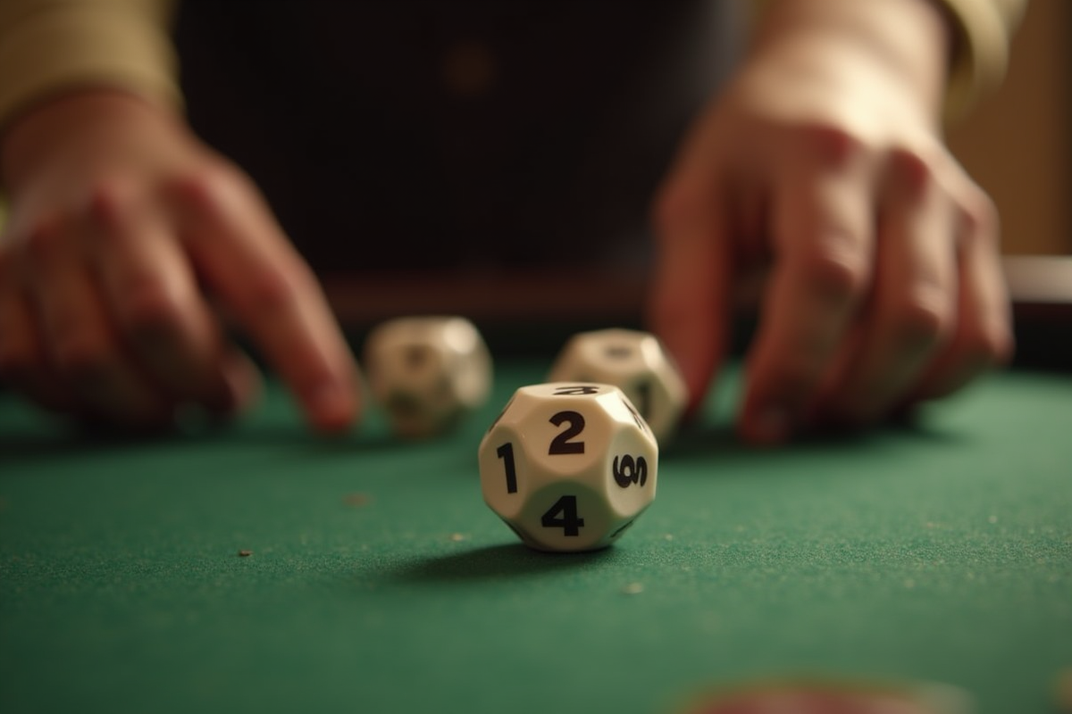 Mains lançant des dés sur une surface en feutre avec anticipation