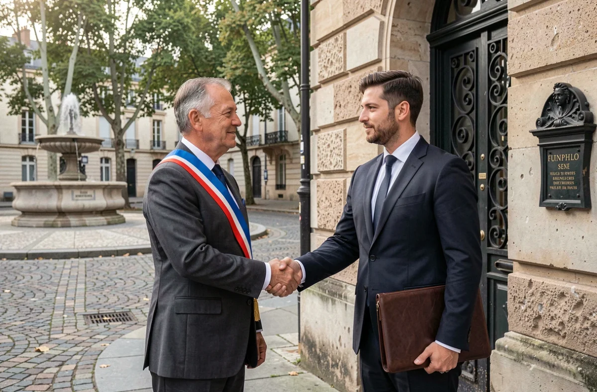 Maire portant l'écharpe tricolore serrant la main d'un adjoint devant l'entrée d'une mairie française en pierre
