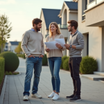 Couple discutant avec agent immobilier devant maison neuve