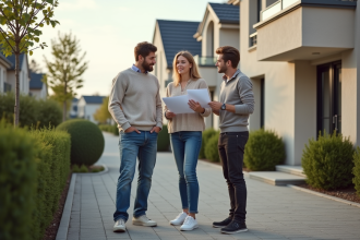 Couple discutant avec agent immobilier devant maison neuve