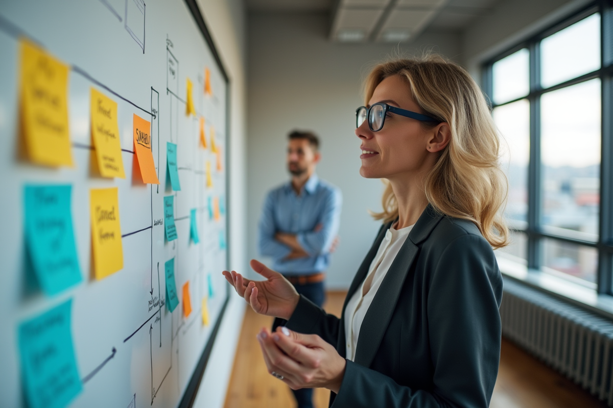 Manager RH expliquant un cycle de travail à ses collègues