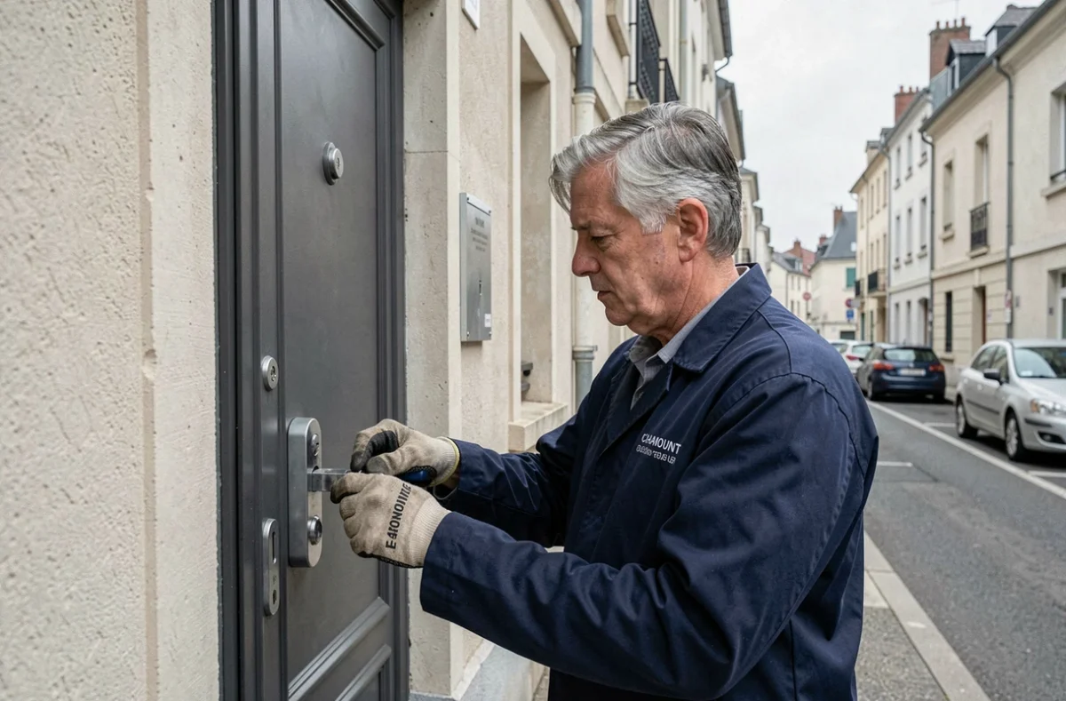 Manchin Daniel, serrurier à Chaumont, changeant la serrure d'une porte d'immeuble résidentiel en rue