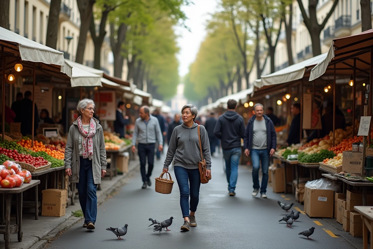 Marché de quartier animé dans un ancien faubourg français avec vendeurs et habitants locaux